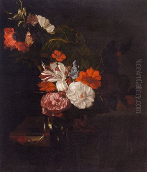 Roses, A Tulip, A Poppy, Nasturtiums, Marigolds And Other Flowers In A Vase, And A Small Tortoiseshell Butterfly On A Ledge Oil Painting by Rachel Ruysch