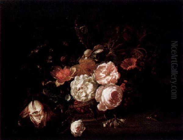 Stilleben Med Blommor I Korg Oil Painting by Rachel Ruysch