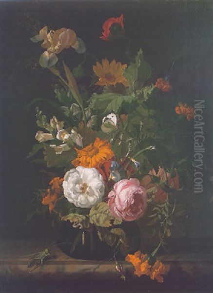 A Still Life Of Roses, Marigolds And Other Flowers In A Glass Vase, With A Grasshopper, Dragonfly And Caterpillars On A Marble Ledge Oil Painting by Rachel Ruysch