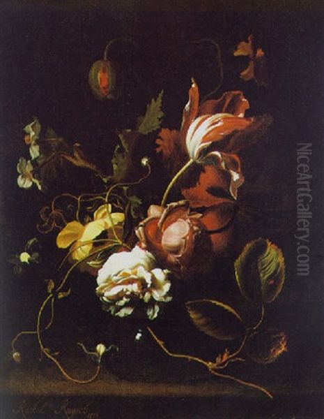 Eine Tulpe, Eine Weise Rose, Eine Nelke Und Andere Bluten In Einer Glasernen Vase Oil Painting by Rachel Ruysch