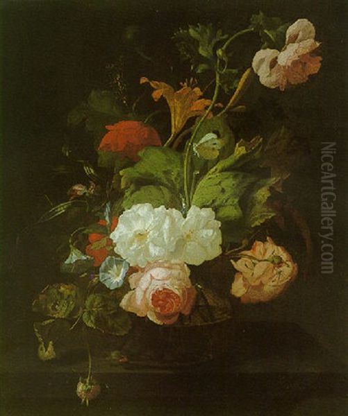 A Still Life Of Summer Flowers Including Roses, Lilies, And Others In A Vase, With A Butterfly And Other Insects, All On A Ledge Oil Painting by Rachel Ruysch