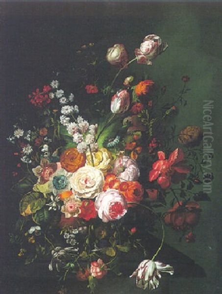 Still Life Of Various Flowers Upon A Stone Ledge Oil Painting by Rachel Ruysch