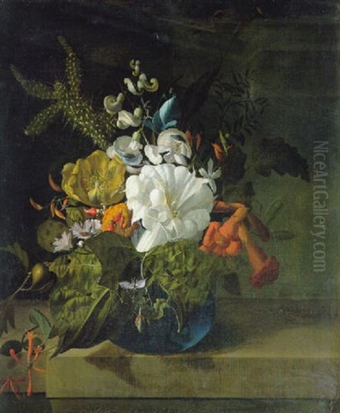 Margurites, A Cactus, Jasmine And Other Flowers In A Glass Vase On A Ledge Oil Painting by Rachel Ruysch