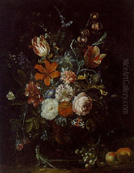 Roses And Other Flowers In An Ornamental Vase With Apples, Grapes, And A Lizard On A Ledge Oil Painting by Rachel Ruysch