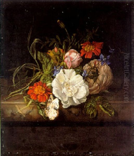 Nosegay Of Roses, Marigolds And Larkspur With A Red Admiral On A Marble Ledge Oil Painting by Rachel Ruysch