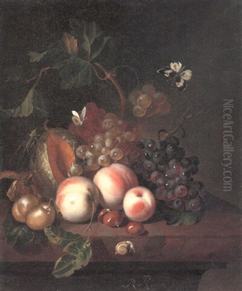 Still Life Of Peaches, Plums And Other Fruit With Butterflies, Grasshopper And Snail Oil Painting by Rachel Ruysch