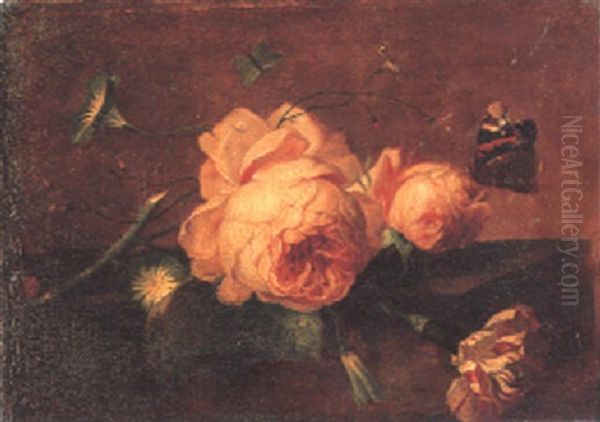 Still Life Of Roses, Convolvulus And A Carnation With A Red Admiral Butterfly Oil Painting by Rachel Ruysch