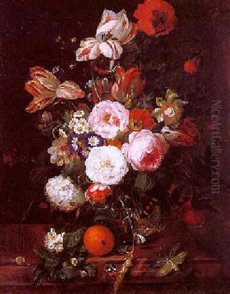 Roses, Tulips And Other Flowers In A Glass Vase With An Orange, Butterflies And A Dragon Fly On A Marble Ledge by Rachel Ruysch