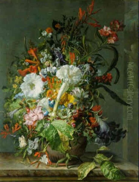 Flowers, A Pineapple And A Cactus In A Boettger Stoneware Urn With A Pale Clouded Yellow Butterfly On A Marble Ledge Oil Painting by Rachel Ruysch