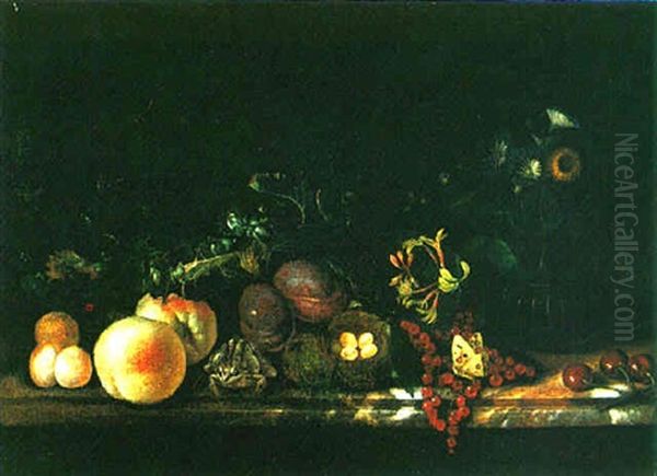 Still Life Of Fruit And Flowers, A Grasshopper, Toad And Bird's Nest, All On A Marble Ledge Oil Painting by Rachel Ruysch