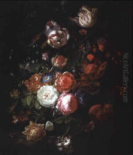 Tulips And Other Flowers In A Glass Vase On A Marble Ledge With Insects Oil Painting by Rachel Ruysch