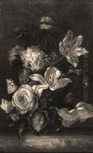 Tulips, Snowballs And Other Flowers In A Vase With A Butterfly On A Ledge Oil Painting by Rachel Ruysch