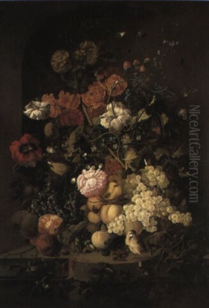 Flowers And Fruit With Butterflies And Birds In A Niche Oil Painting by Rachel Ruysch