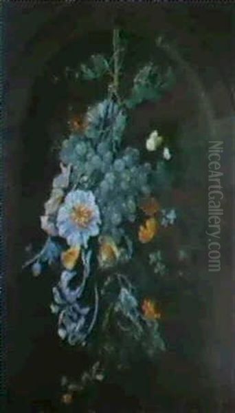 A Still Life Of A Mallow, Rosebuds, A Horsechestnut,        Marigolds, Blackberies, Grapes And Two Butterflies... Oil Painting by Rachel Ruysch