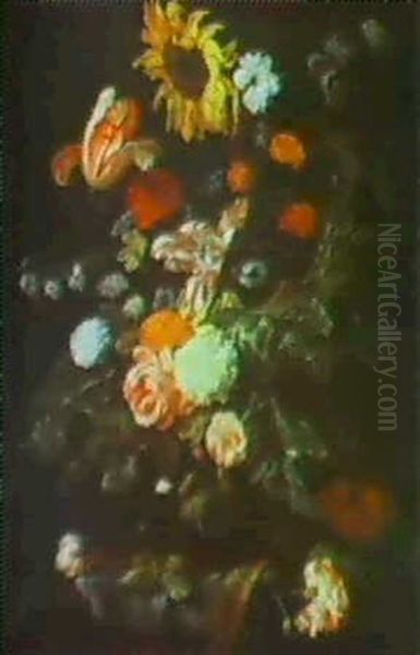 An Arrangement Of Tulips, Roses, A Sunflower, A Carnation   And Other Flowers In A Vase On A Stone Ledge Oil Painting by Rachel Ruysch