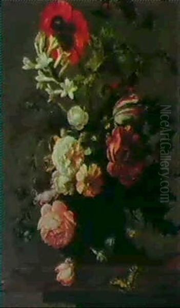 Still Life Of Flowers In A Vase On A Ledge Oil Painting by Rachel Ruysch