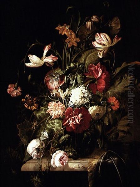 Still Life Of Flowers Including Roses, Carnations And       Peonies In A Glass Vase Standing On A Marble Ledge Oil Painting by Rachel Ruysch