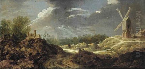 A Dune Landscape With Figures Resting On A Sandy Path, A Windmill To The Right Oil Painting by Johannes Ruyscher