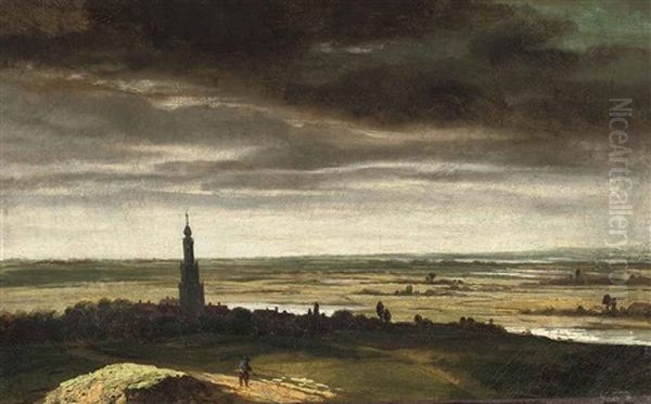 A River Landscape With A View Of A Dutch Town Oil Painting by Johannes Ruyscher