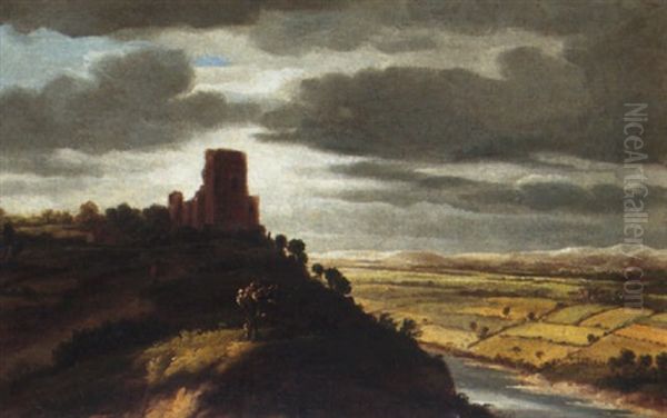 A Landscape With A Castle On A Hill Above A River, Beneath Stormy Skies Oil Painting by Johannes Ruyscher