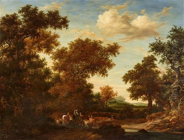 Wooded Landscape With Shepherds And Animals Oil Painting by Jacob Salomonsz van Ruysdael