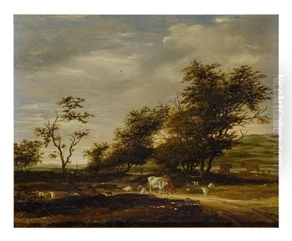 A Herder With His Flock In A Landscape Oil Painting by Jacob Salomonsz van Ruysdael