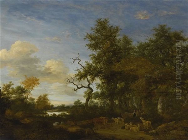 A Wooded Landscape With Shepherds And Their Flock Of Cattle And Sheep Oil Painting by Jacob Salomonsz van Ruysdael