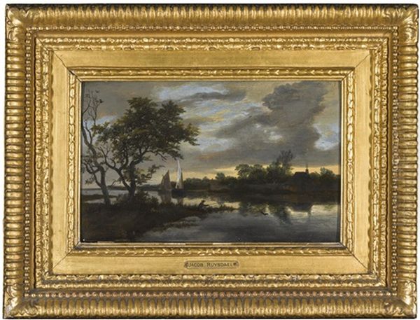 A River Landscape At Dusk With A Fisherman On A Bank In The Foreground Oil Painting by Jacob Salomonsz van Ruysdael