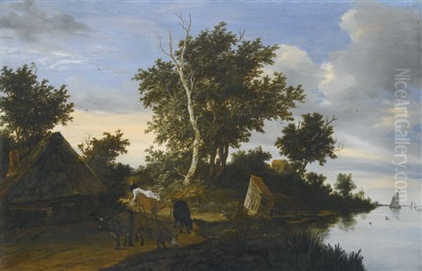 A Wooded River Landscape With A Herdsman And His Cattle By A Cottage by Jacob Salomonsz van Ruysdael