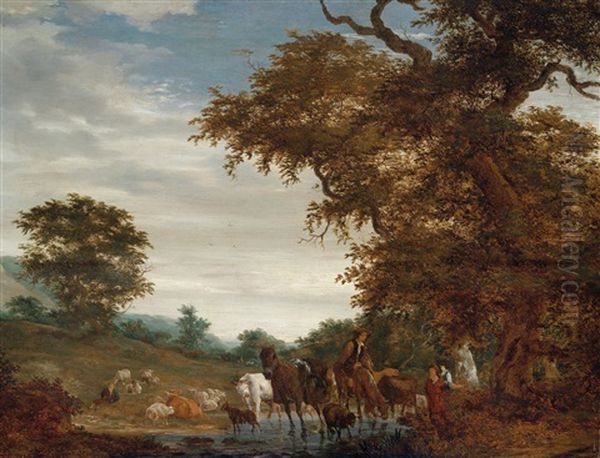 Landschaft Mit Schafern Und Ihrer Herde An Einer Furt Oil Painting by Jacob Salomonsz van Ruysdael