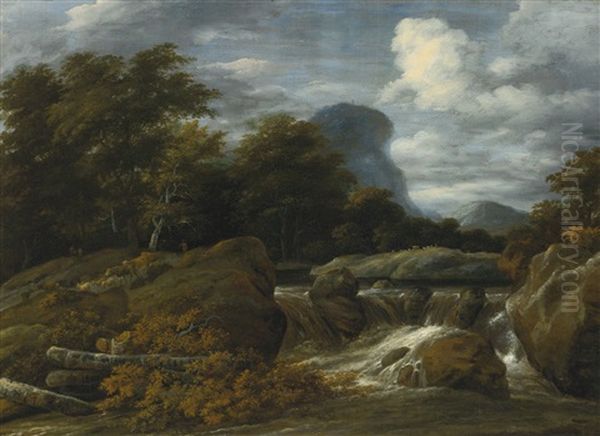 A Wooded Landscape With A Waterfall Oil Painting by Jacob Salomonsz van Ruysdael