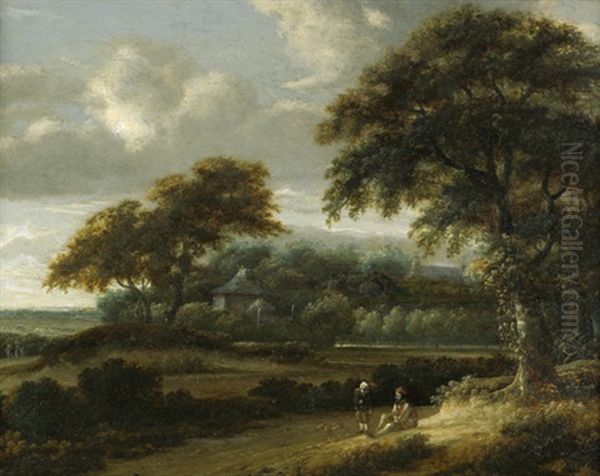 Baumbestandene Landschaft Mit Rastenden Wanderern Und Hund Oil Painting by Jacob Salomonsz van Ruysdael