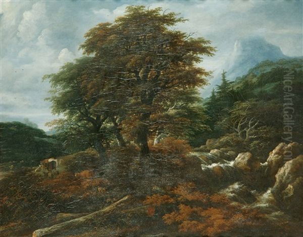 Paisaje Montanoso Con Cascada Y Ganado En Un Prado Oil Painting by Jacob Salomonsz van Ruysdael