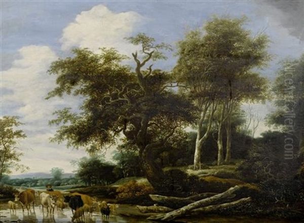 Waldlandschaft Mit Hirte Und Tieren An Einer Furt Oil Painting by Jacob Salomonsz van Ruysdael