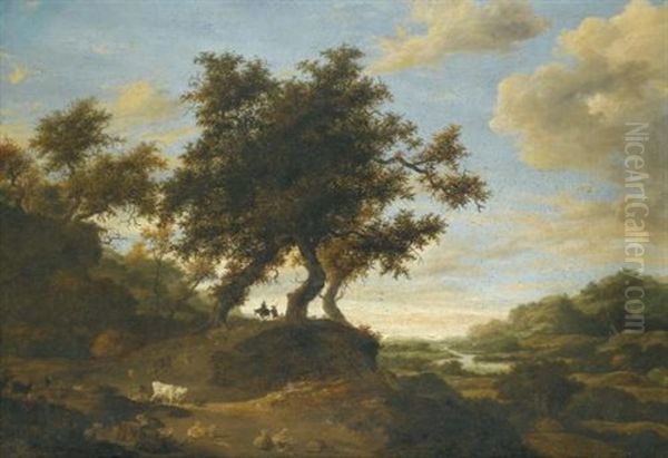 Herders On Lightly Wooded Raised Ground Overlooking An Expansive River Landscape Oil Painting by Jacob Salomonsz van Ruysdael