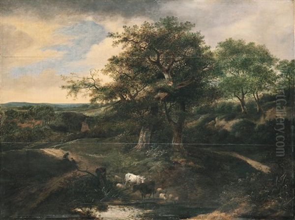 Bewaldete Landschaft Mit Einer Herde An Einem Fluss Oil Painting by Jacob Salomonsz van Ruysdael