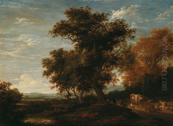 Kuhe Und Rastende Reisende Unter Einem Grosen Baum In Weiter Landschaft Oil Painting by Jacob Salomonsz van Ruysdael