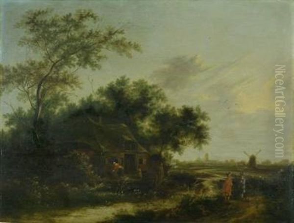 Landschaft Mit Bauernhaus Und Windmuhle Mit Staffage Oil Painting by Jacob Salomonsz van Ruysdael