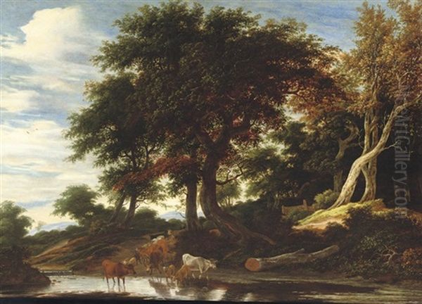 Cattle Fording A Stream In A Wooded Landscape Oil Painting by Jacob Salomonsz van Ruysdael