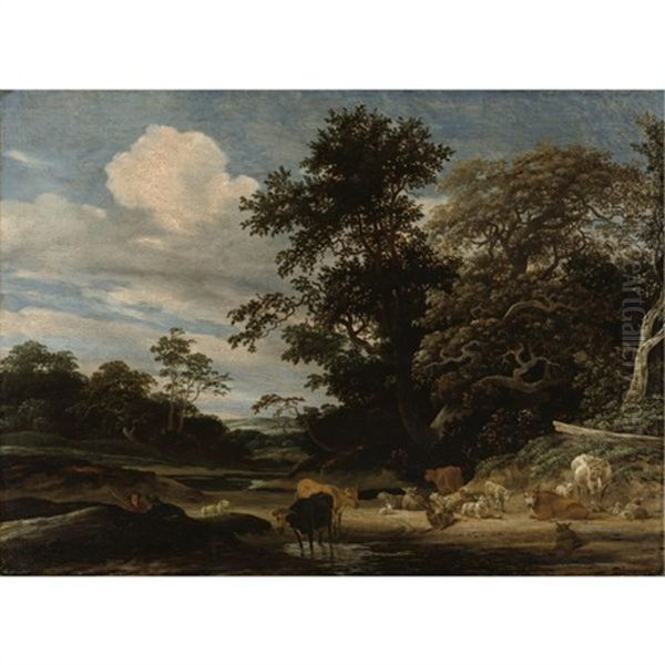 Wooded Landscape With Herd Animals Resting By A Pond Oil Painting by Jacob Salomonsz van Ruysdael