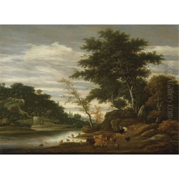 A River Landscape With Cattle by Jacob Salomonsz van Ruysdael