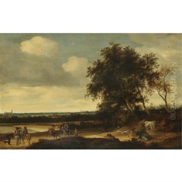 A Landscape With Cavaliers In The Foreground, A Church Beyond Oil Painting by Jacob Salomonsz van Ruysdael