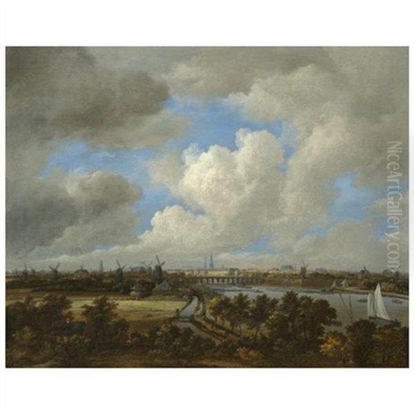 Amsterdam: A Distant View From The South Along The West Bank Of The River Amstel Towards The City Oil Painting by Jacob Salomonsz van Ruysdael