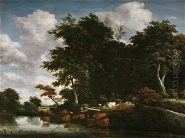 Grose Waldlandschaft Am Wasser. Am Ufer Eine Kuhherde Oil Painting by Jacob Salomonsz van Ruysdael