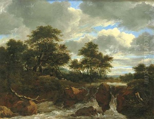 A Wooded River Landscape With A Waterfall Oil Painting by Jacob Salomonsz van Ruysdael