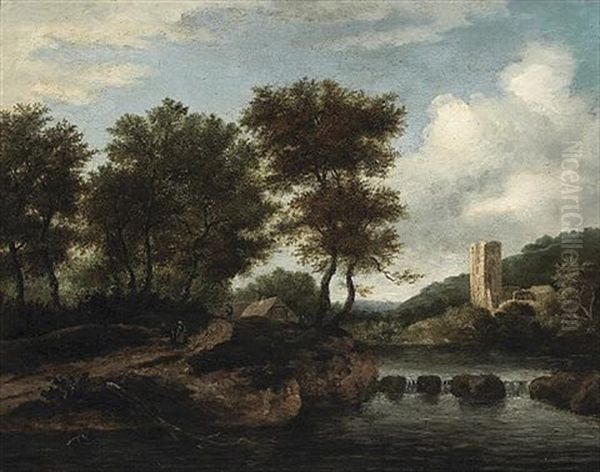 A River Landscape With Figures On A Path Oil Painting by Jacob Salomonsz van Ruysdael