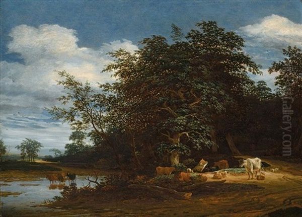 An Extensive Wooded River Landscape With Cattle And Sheep Oil Painting by Jacob Salomonsz van Ruysdael