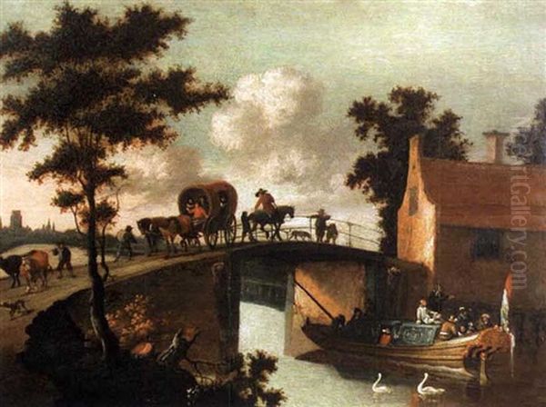 Travellers On A Bridge With A Barge Passing By On A River Oil Painting by Jacob Salomonsz van Ruysdael