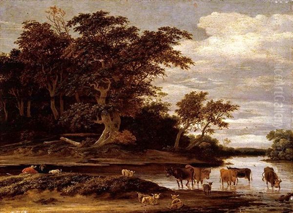 Cattle, Sheep And Two Peasants With A Dog In A Wooded River Landscape Oil Painting by Jacob Salomonsz van Ruysdael