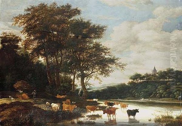 A Wooded Landscape With Cattle Watering Oil Painting by Jacob Salomonsz van Ruysdael